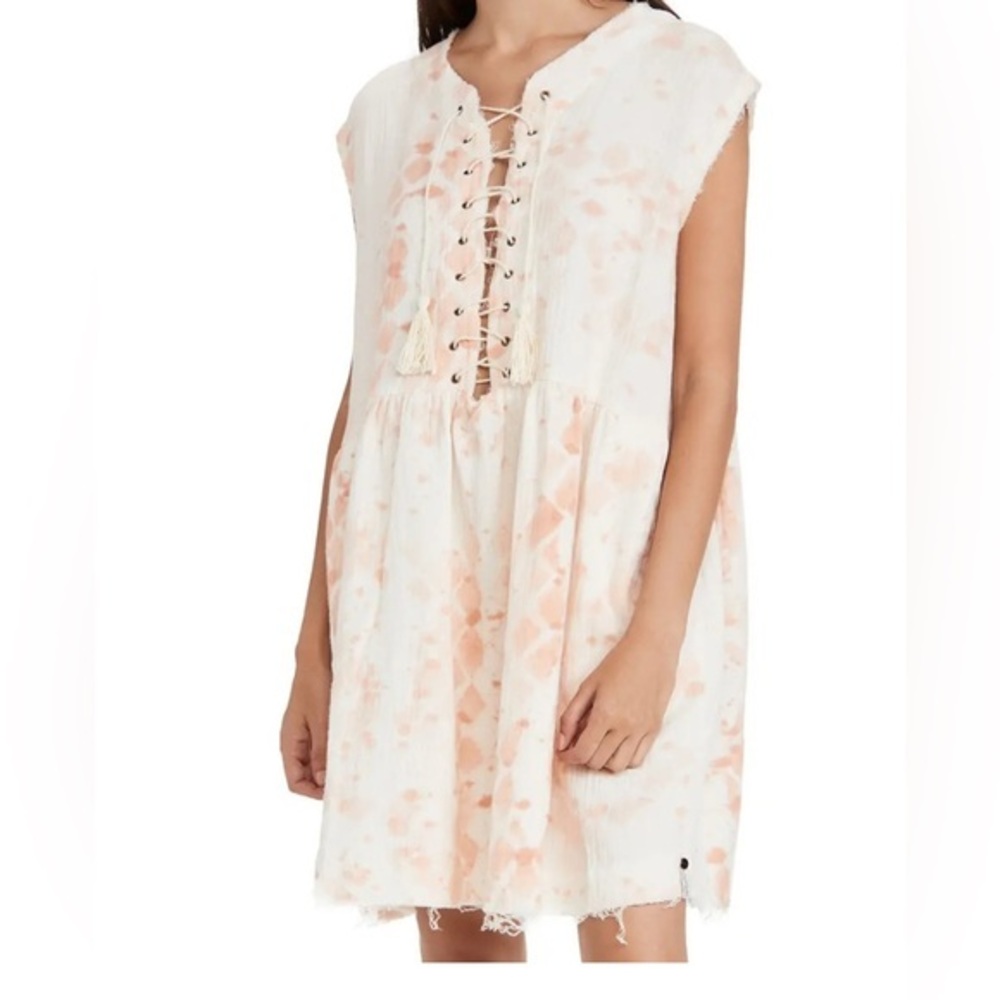 One Teaspoon White Peach Tie Dye Boho Lace‑Up Tassel Mini Dress Beach Festival